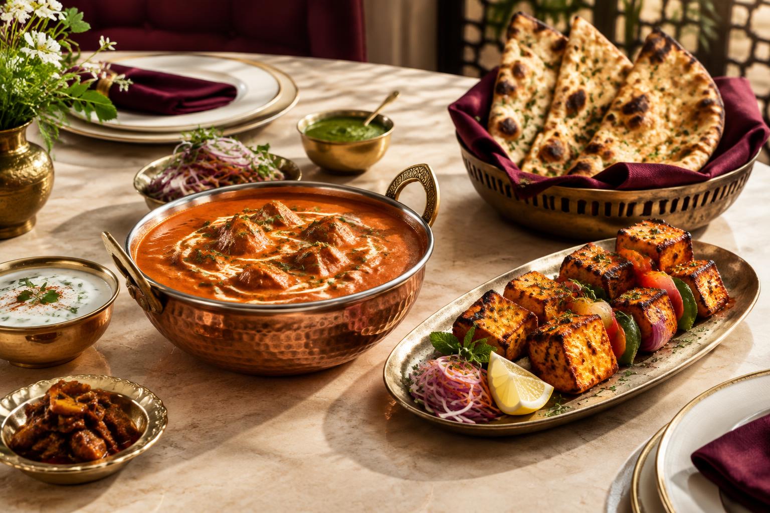Indian dishes served with paneer tikka, butter masala and naan
